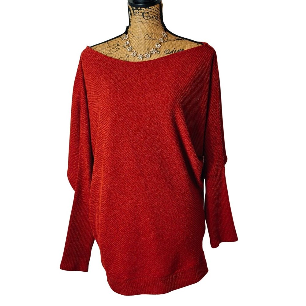 Zumie Womens Knit Sweater M Red Off-Shoulder Boho Chic Coastal Cottagecore